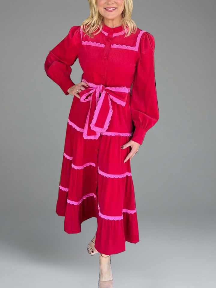 Women's Button Down Scalloped Tiered Corduroy Dress