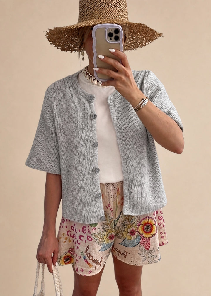 Women’s Short Sleeve Knit Cardigan with Ribbed Texture and Button-Down Front