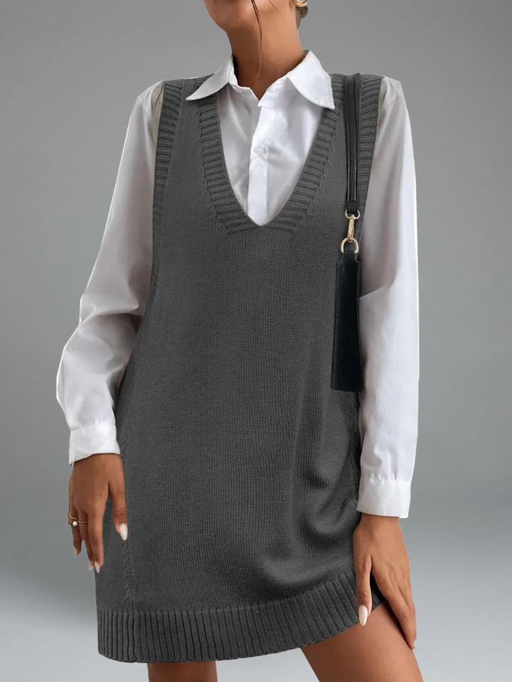 Women's V-Neck Sweater Vest Dress with Pockets