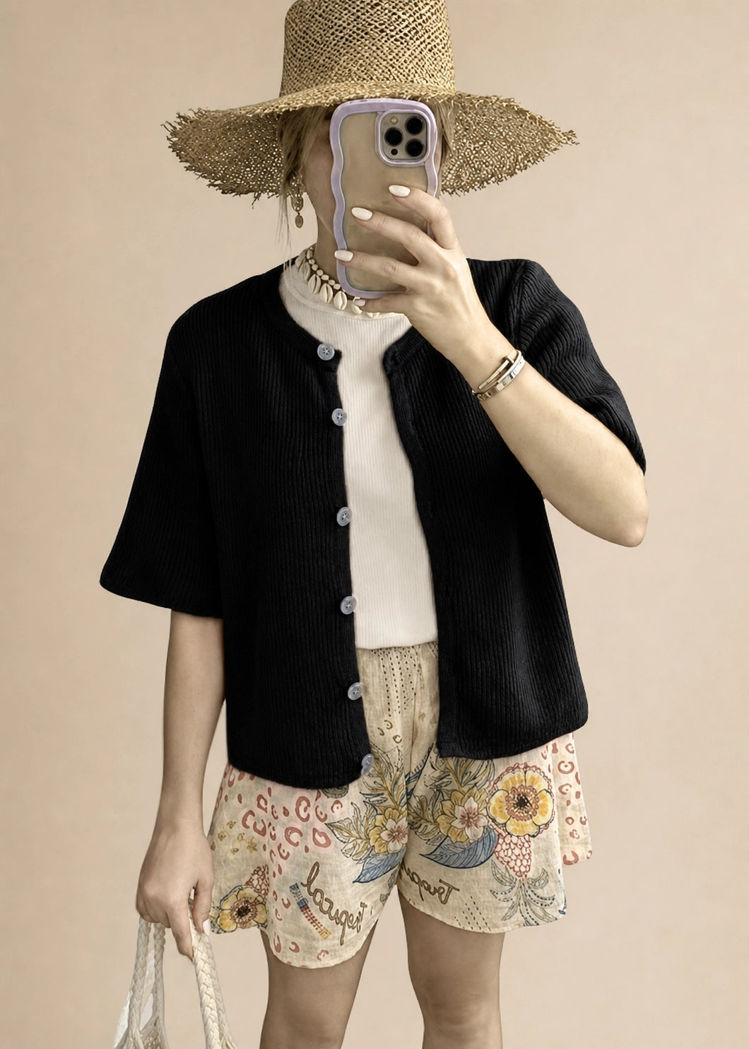 Women’s Short Sleeve Knit Cardigan with Ribbed Texture and Button-Down Front