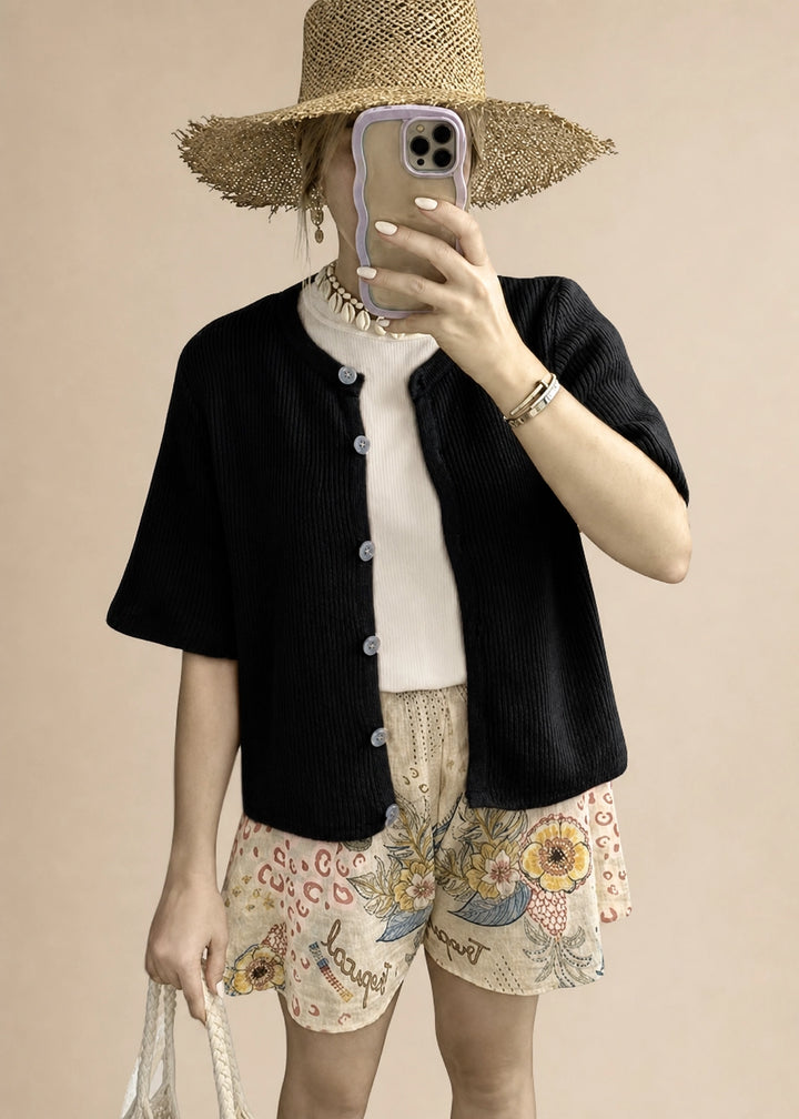 Women’s Short Sleeve Knit Cardigan with Ribbed Texture and Button-Down Front