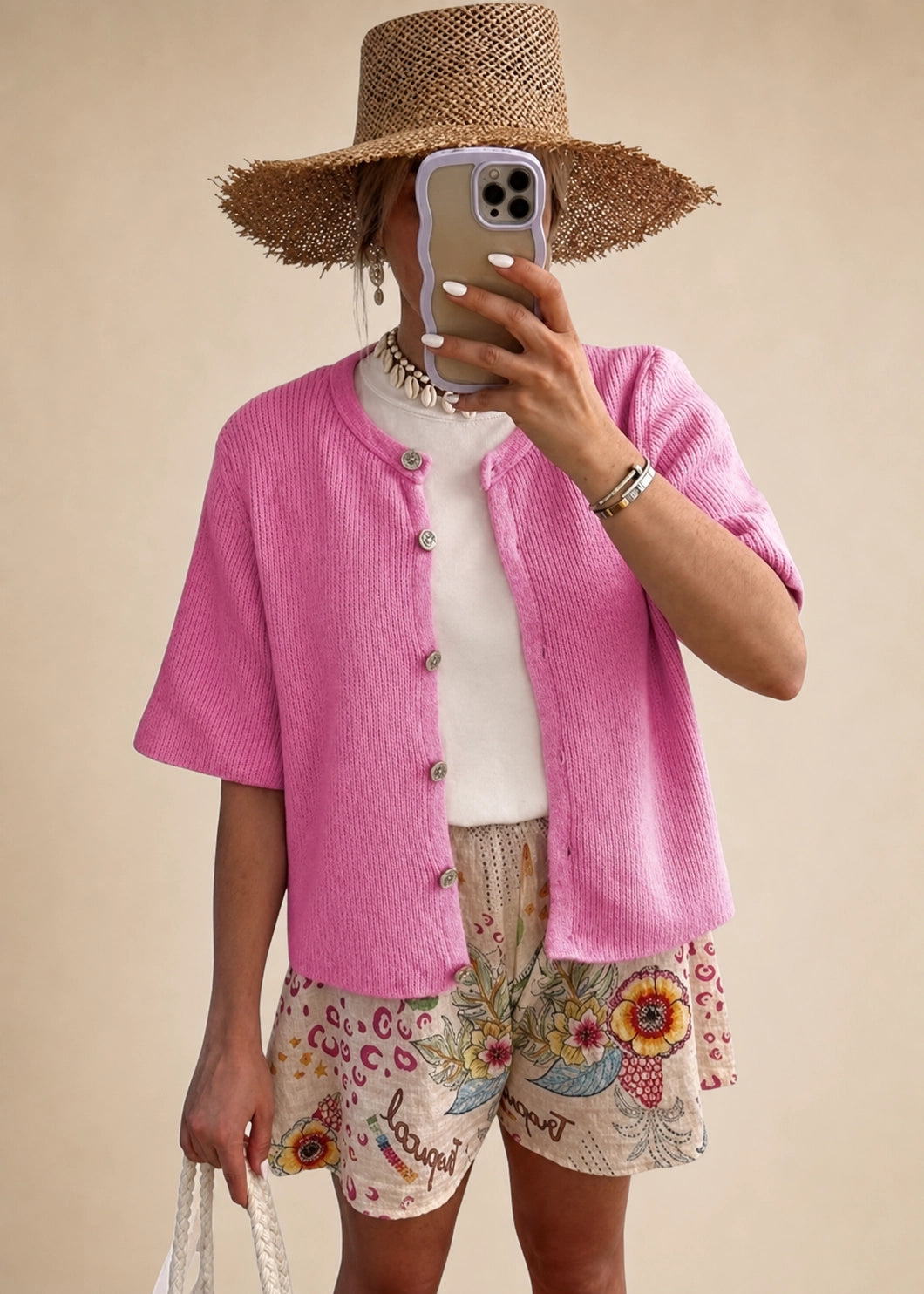Women’s Short Sleeve Knit Cardigan with Ribbed Texture and Button-Down Front