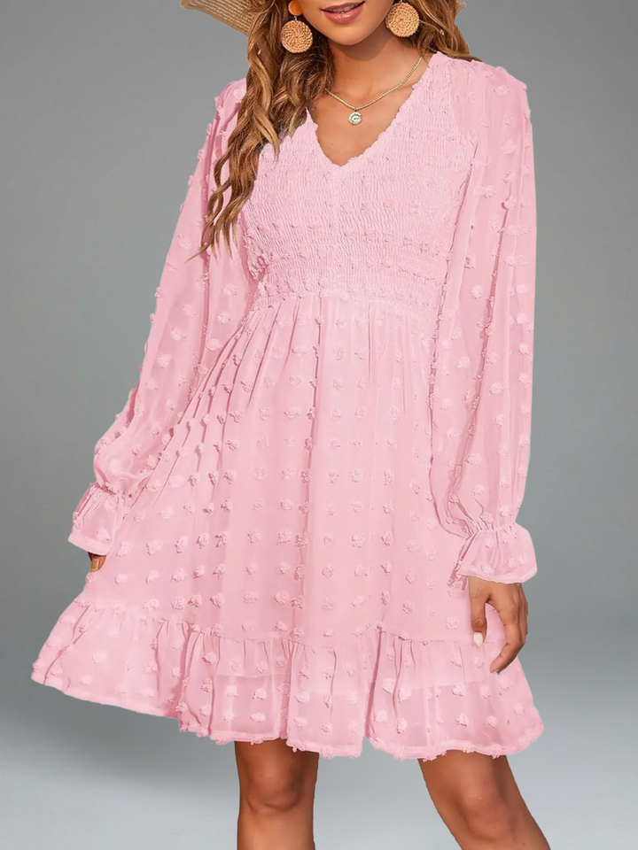 Women's Spring V Neck Swiss Dot Chiffon Mini Dress