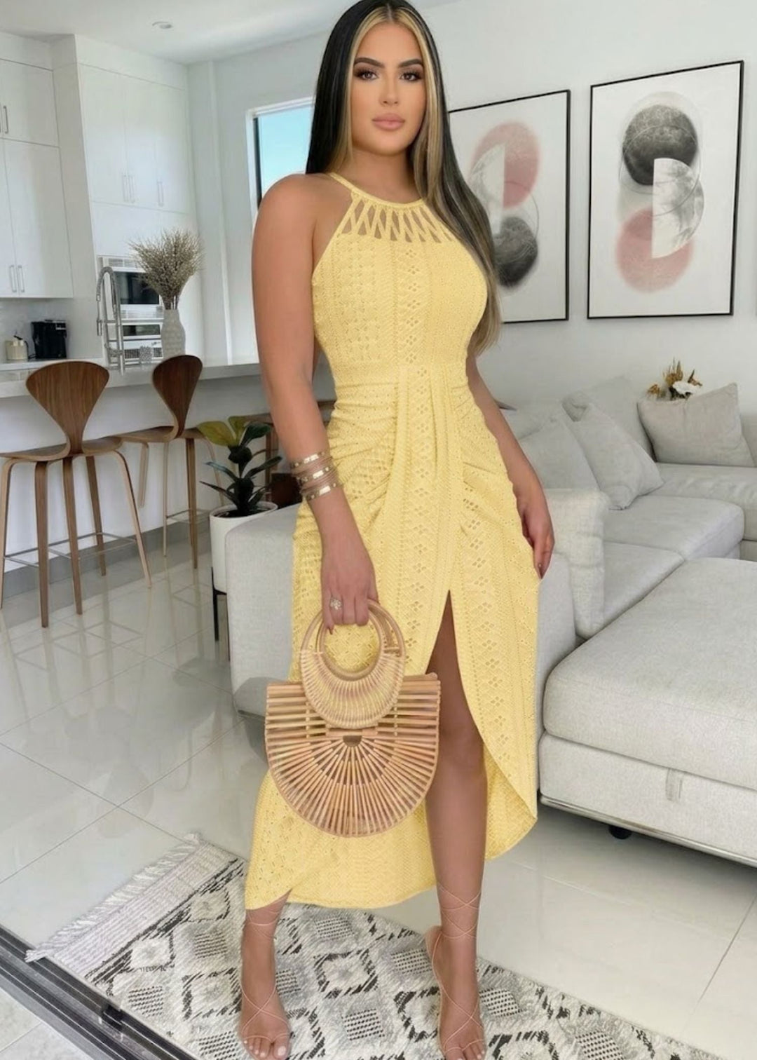 Women Eyelet Lace Midi Dress with Halter Neck and Ruched Skirt