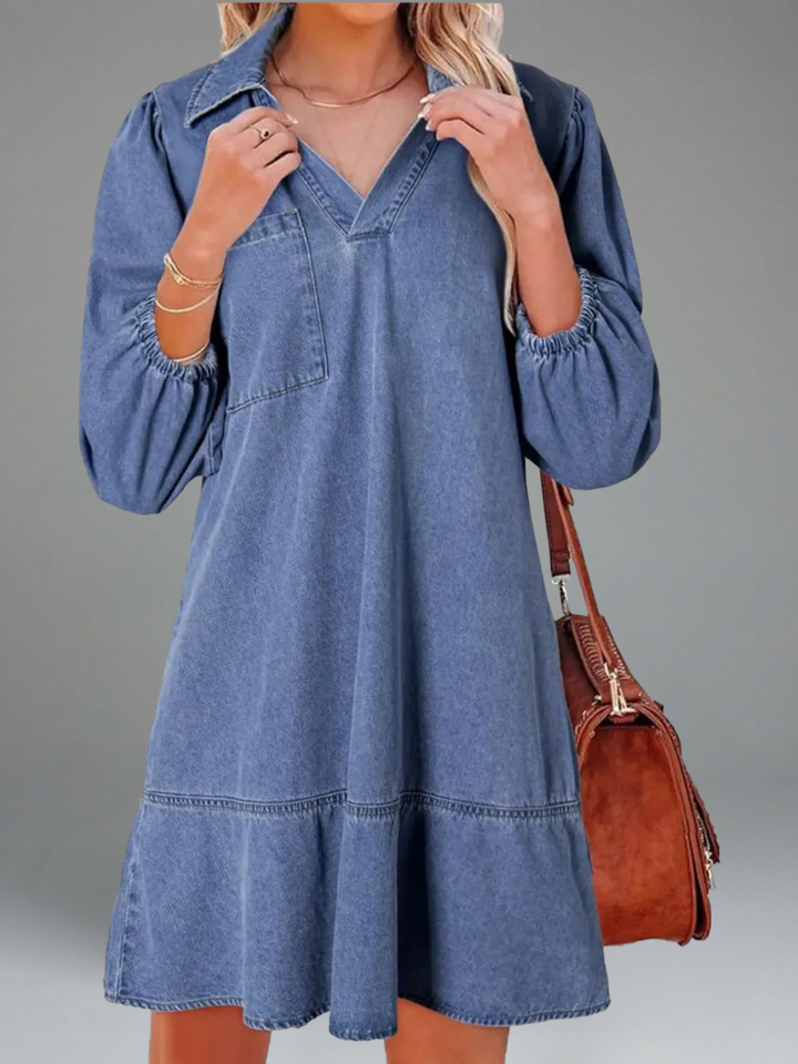 Women's V-Neck Puff Sleeve Denim Layered Dress