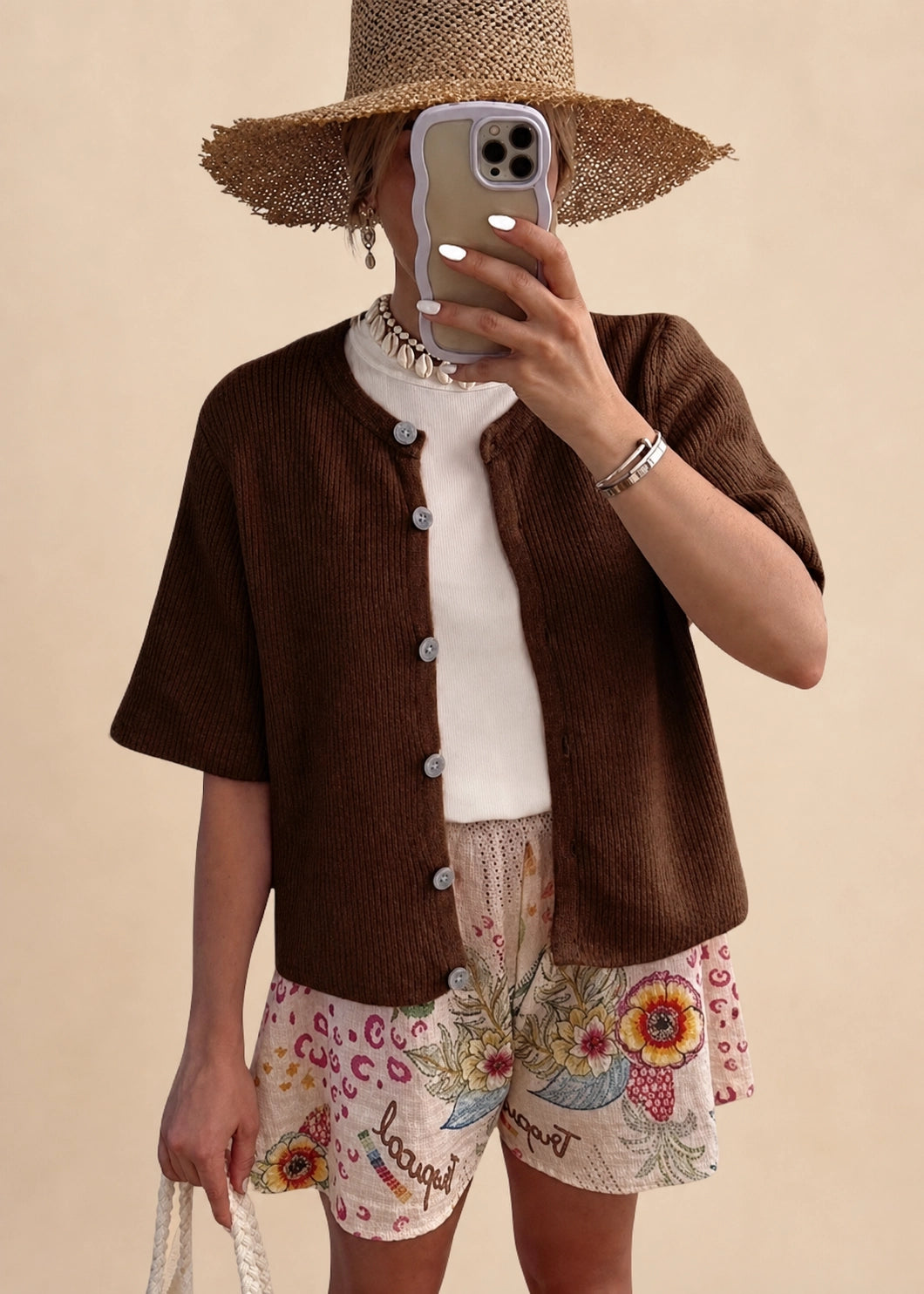 Women’s Short Sleeve Knit Cardigan with Ribbed Texture and Button-Down Front