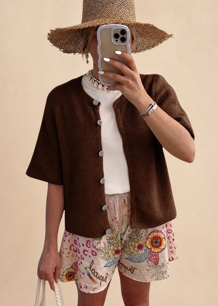 Women’s Short Sleeve Knit Cardigan with Ribbed Texture and Button-Down Front