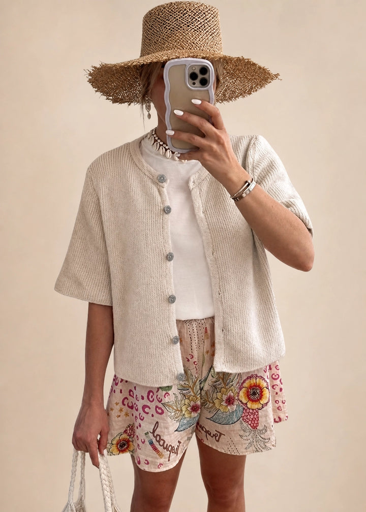 Women’s Short Sleeve Knit Cardigan with Ribbed Texture and Button-Down Front