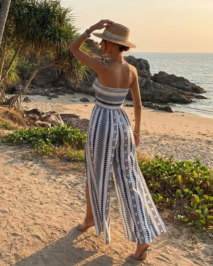 Bohemian Strapless High Split Wide Leg Vacation Jumpsuits