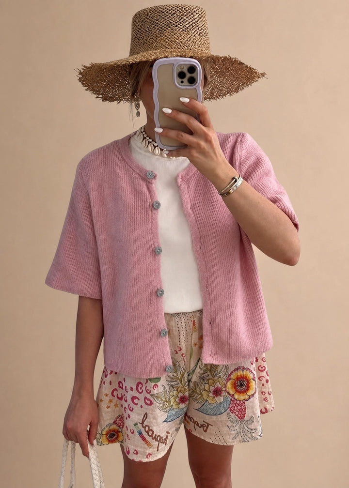 Women’s Short Sleeve Knit Cardigan with Ribbed Texture and Button-Down Front