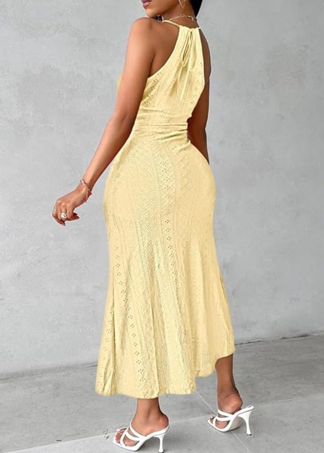Women Eyelet Lace Midi Dress with Halter Neck and Ruched Skirt