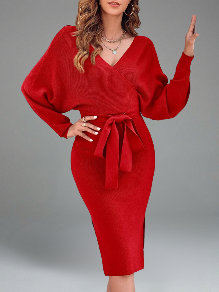 Women's Wrap V Neck Slit Sweater Dresses