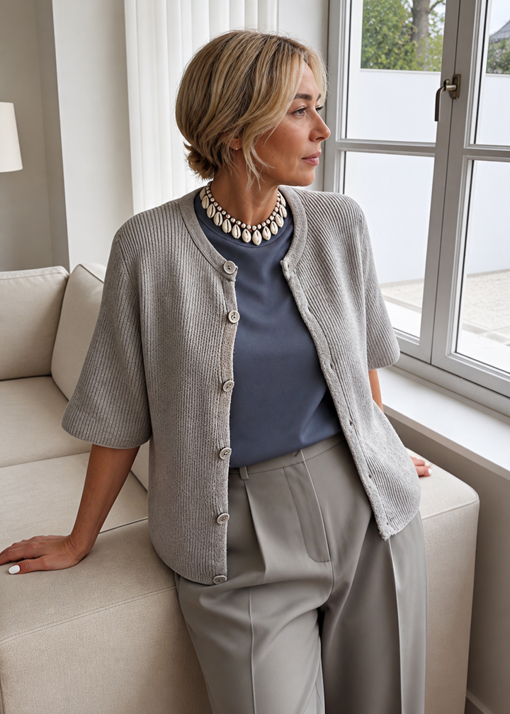 Women’s Short Sleeve Knit Cardigan with Ribbed Texture and Button-Down Front