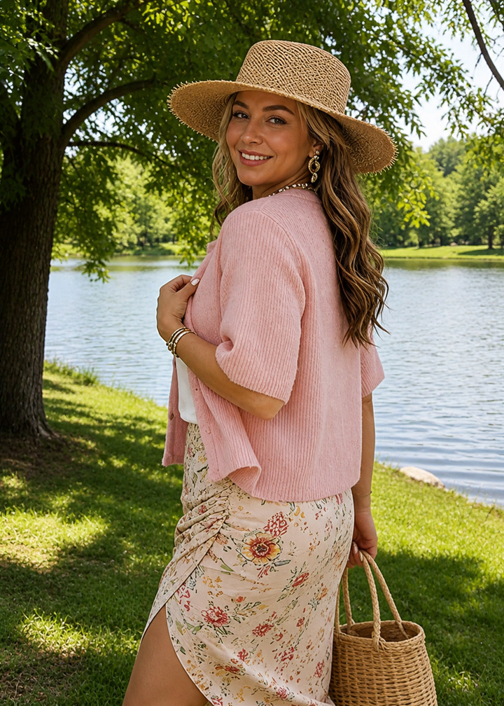 Women’s Short Sleeve Knit Cardigan with Ribbed Texture and Button-Down Front