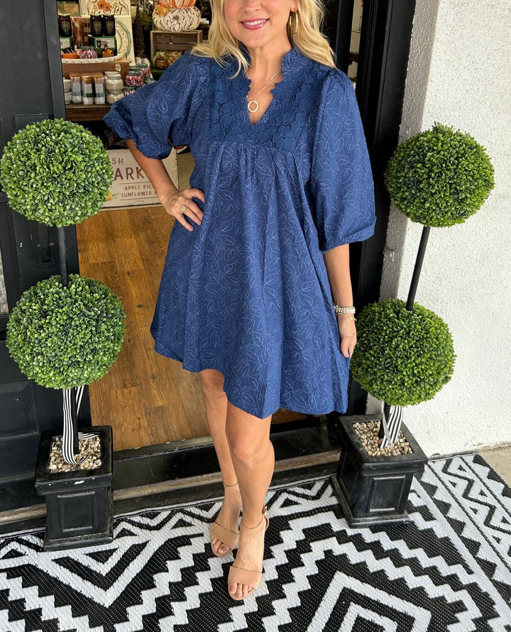 Women's Puff Sleeve Leaf Jacquard Mini Dress