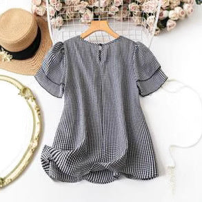 Kristel Vintage Flowy Checkered Puff Sleeve Blouse | Timeless Retro Top