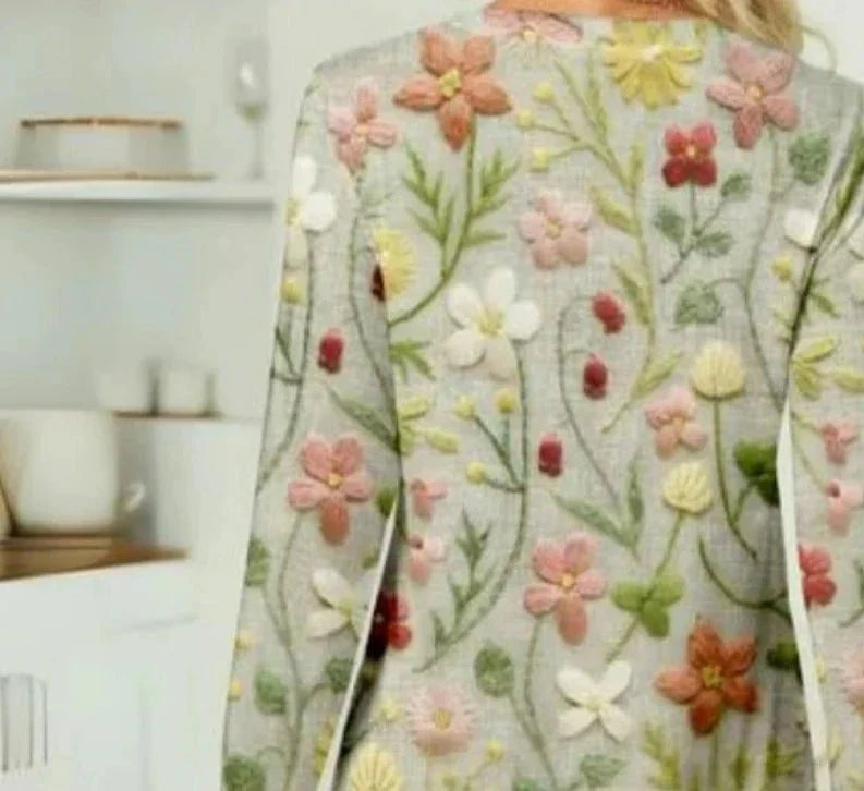 Embroidered Floral Knit Sweater | Crew Neck | Textured Spring Layer