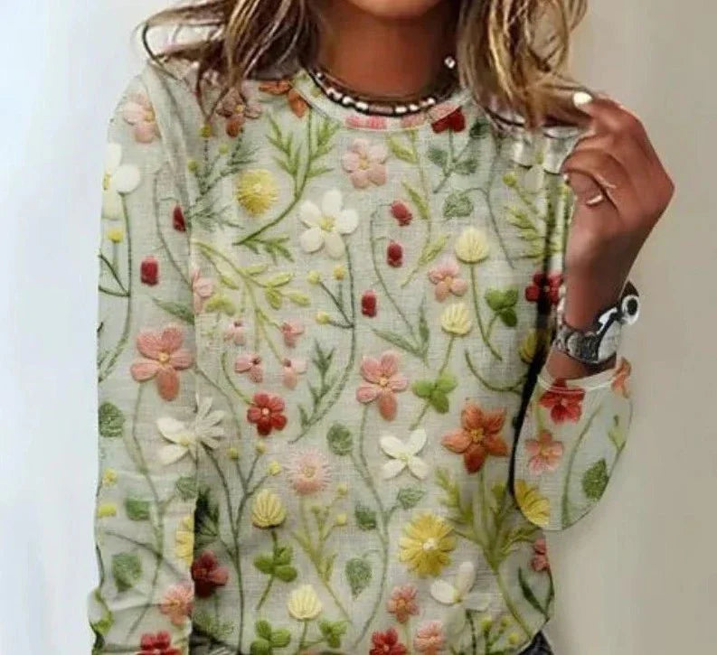 Embroidered Floral Knit Sweater | Crew Neck | Textured Spring Layer