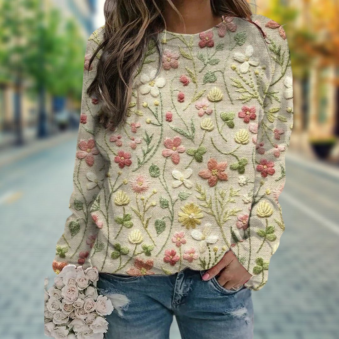 Embroidered Floral Knit Sweater | Crew Neck | Textured Spring Layer